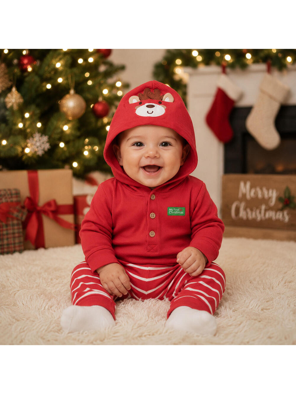 Little Me Boys "My First Christmas" Red Bodysuit Pants Set Reindeer 3 Months